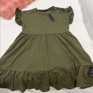 Olive Green Ruffle Sleeve Kids Dress